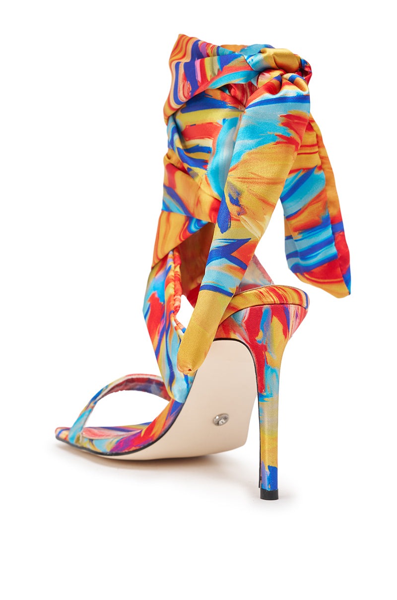 AZALEA WANG JOHA ORANGE MULTI PRINTED SATIN WRAP UP STILETTO