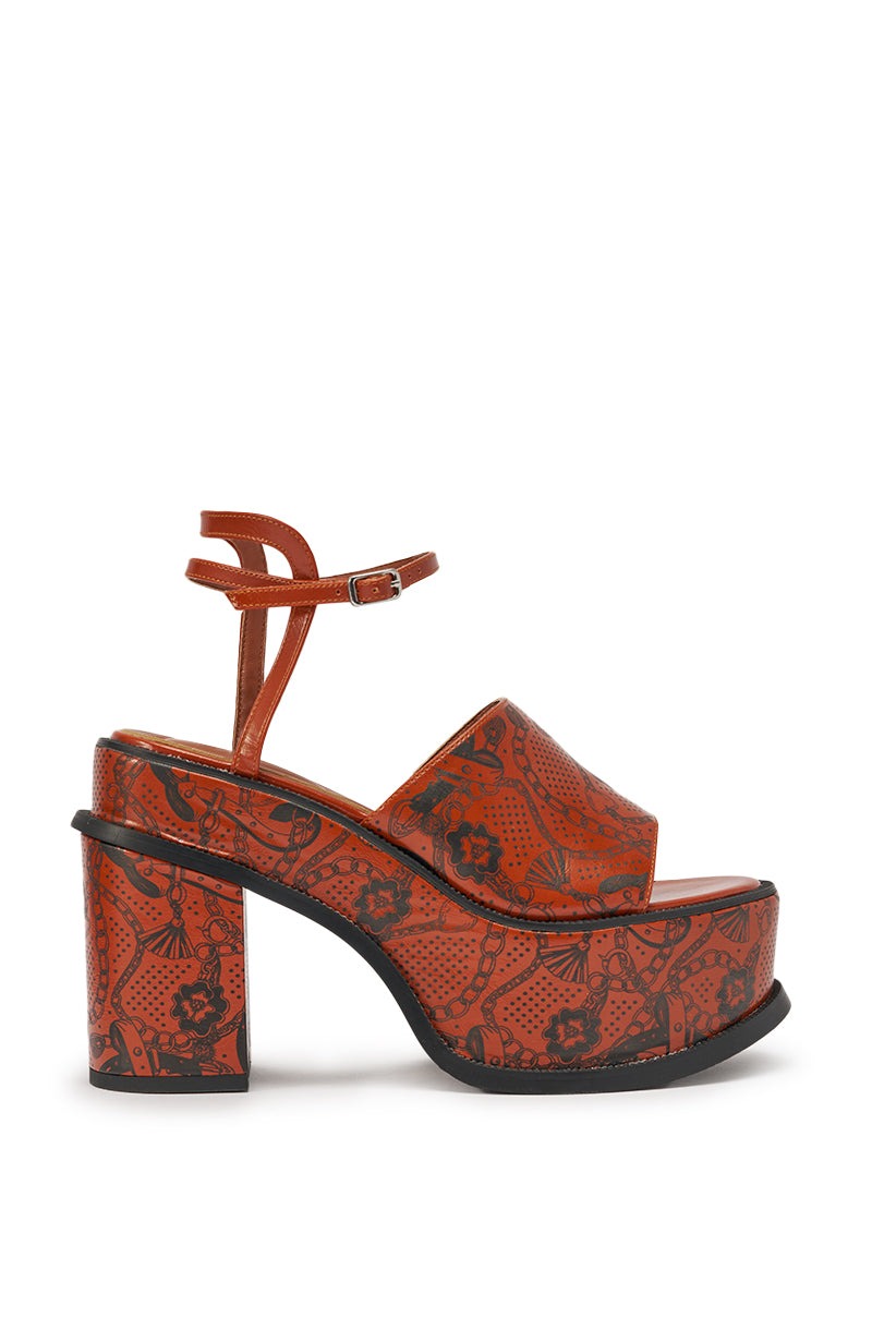 AZALEA WANG ANTHELMINE COGNAC PLATFORM SANDAL WITH TATTOO DETAILING