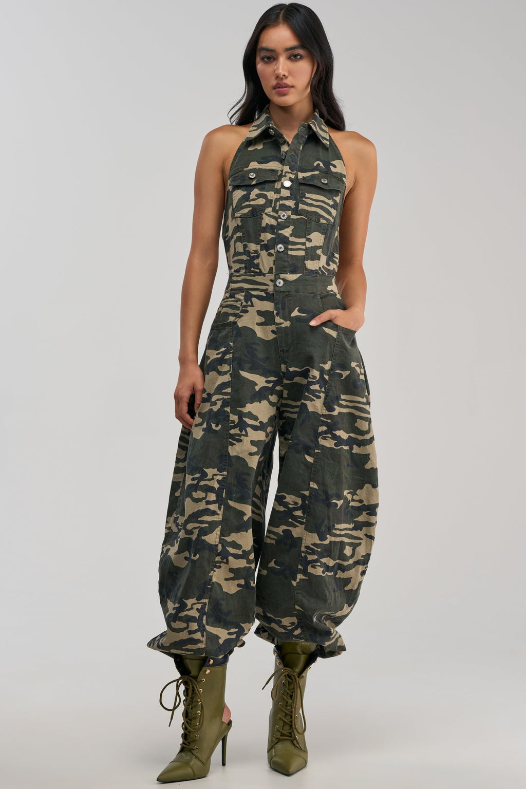 COUNT ME IN CAMO HALTER JUMPSUIT