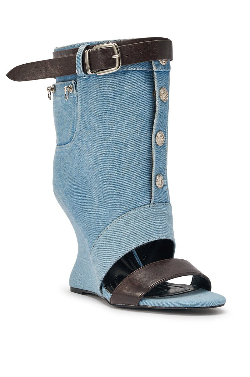 AKIRA GOLD BLEILIC DENIM WEDGE OPEN TOE BOOTIE