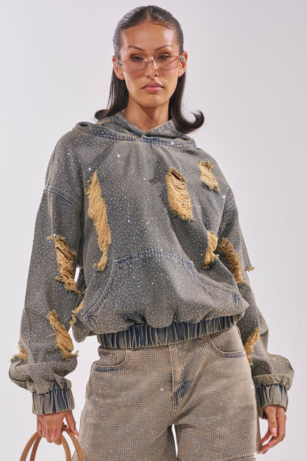 DEMI RHINESTONE DENIM HOODIE