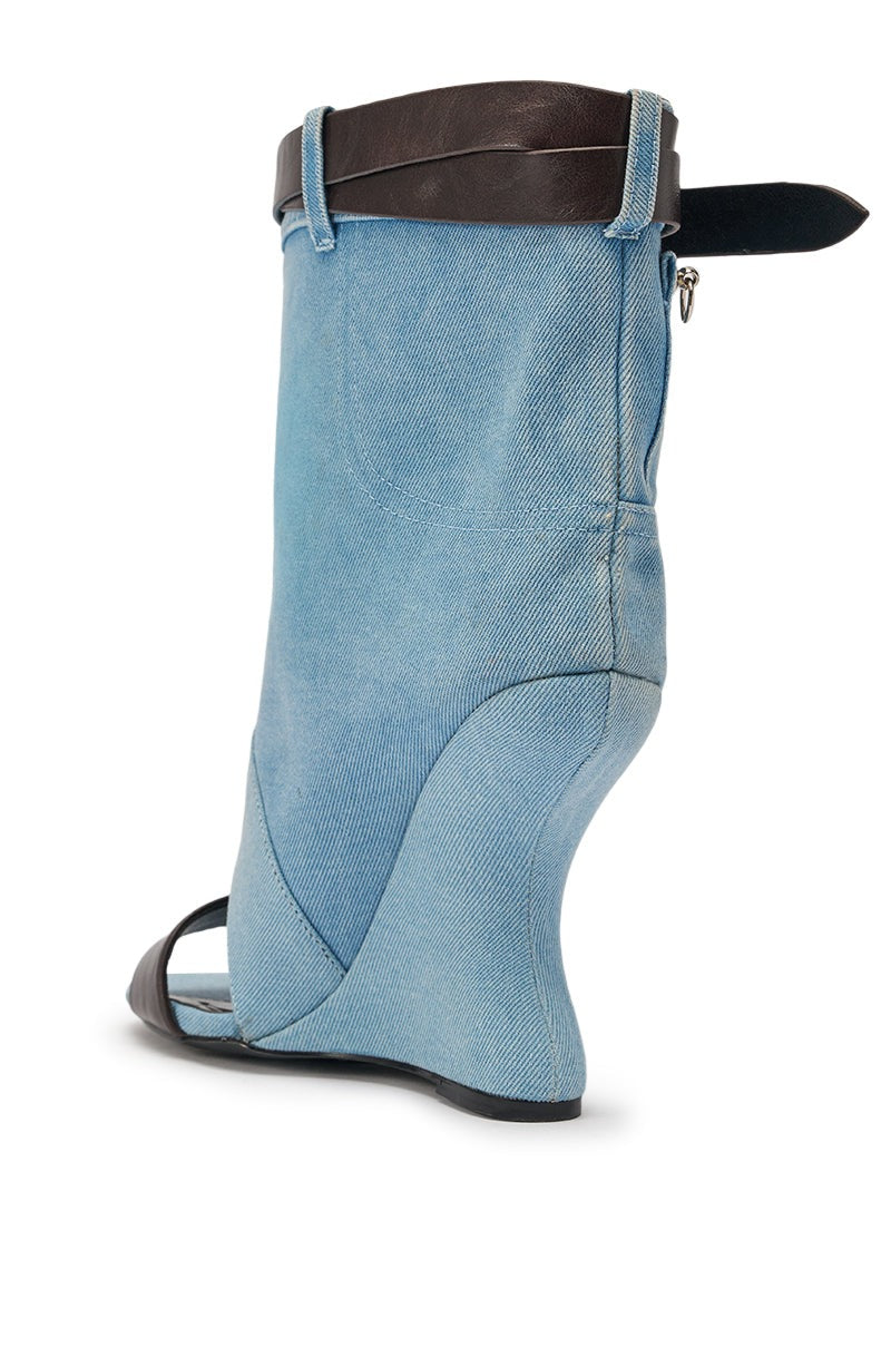 AKIRA GOLD BLEILIC DENIM WEDGE OPEN TOE BOOTIE