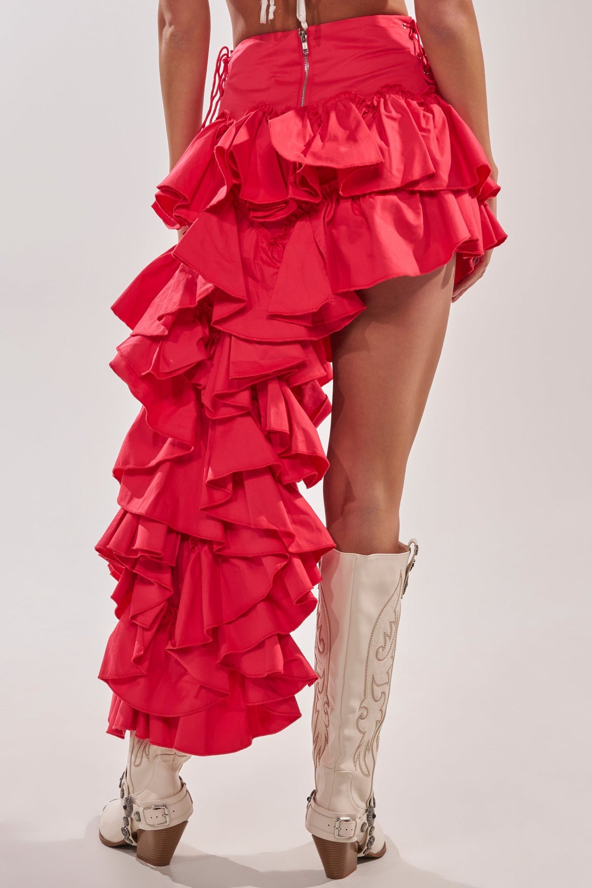 CLAIRE HIGH LOW RUFFLE SKIRT IN RED