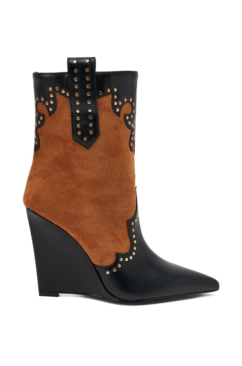 AZALEA WANG TALLULAH COGNAC WEDGE WESTERN BOOTIE