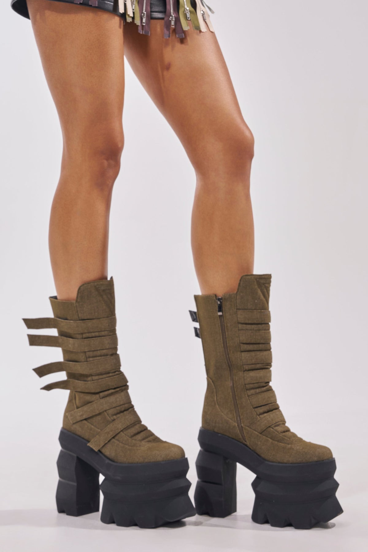 AKIRA GOLD MENACING OLIVE BLOCK PLATFORM BOOTIE