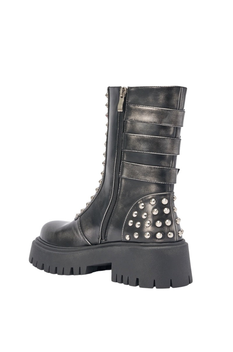 AKIRA GOLD ESTERA CHARCOAL EMBELLISHED COMBAT BOOTIE