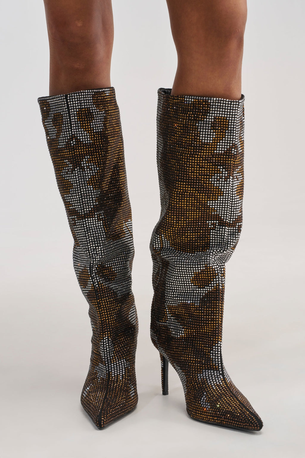 AZALEA WANG ORIEL BRONZE MULTI PRINT RHINESTONE STILETTO BOOT