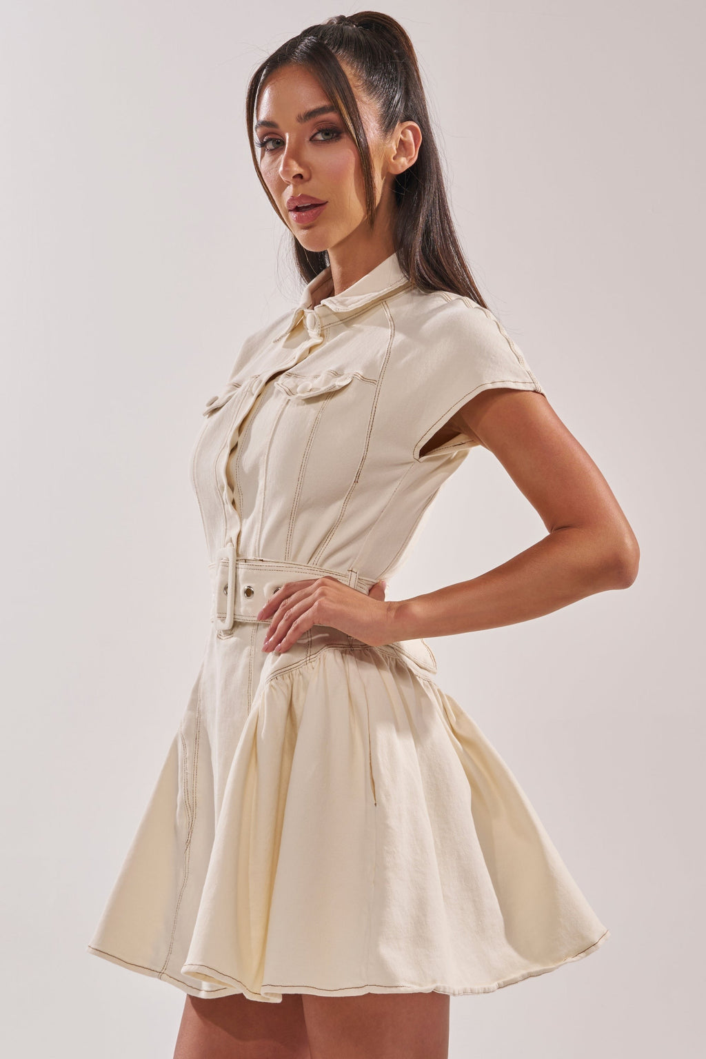 SADIE BUTTON UP DENIM MINI DRESS IN WHITE