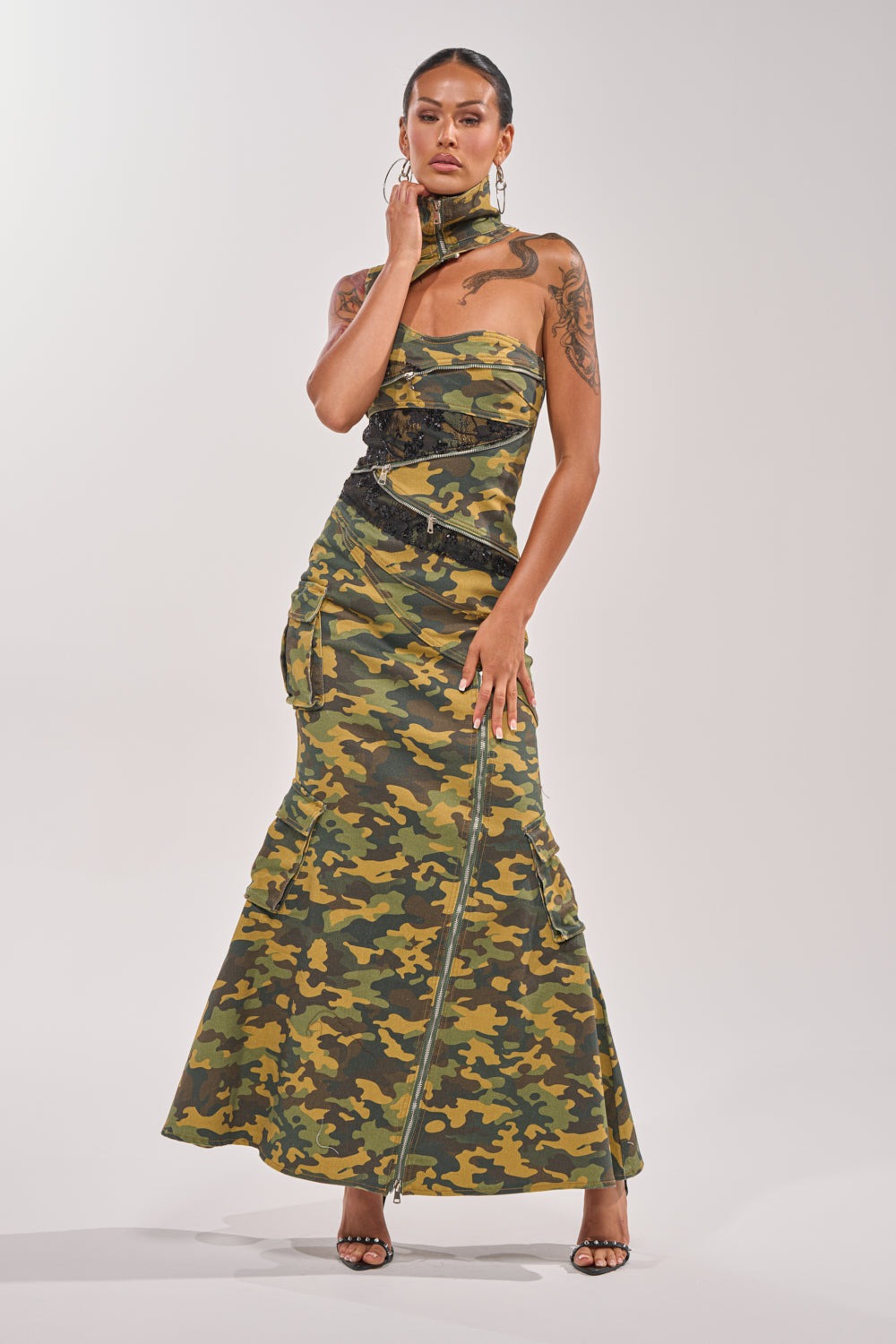 FUSED TOGETHER MOCK NECK MAXI DRESS IN CAMO