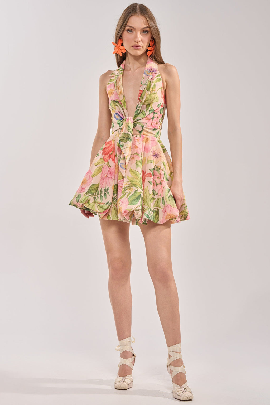 SOFT LAUNCH FLORAL MINI DRESS IN BEIGE