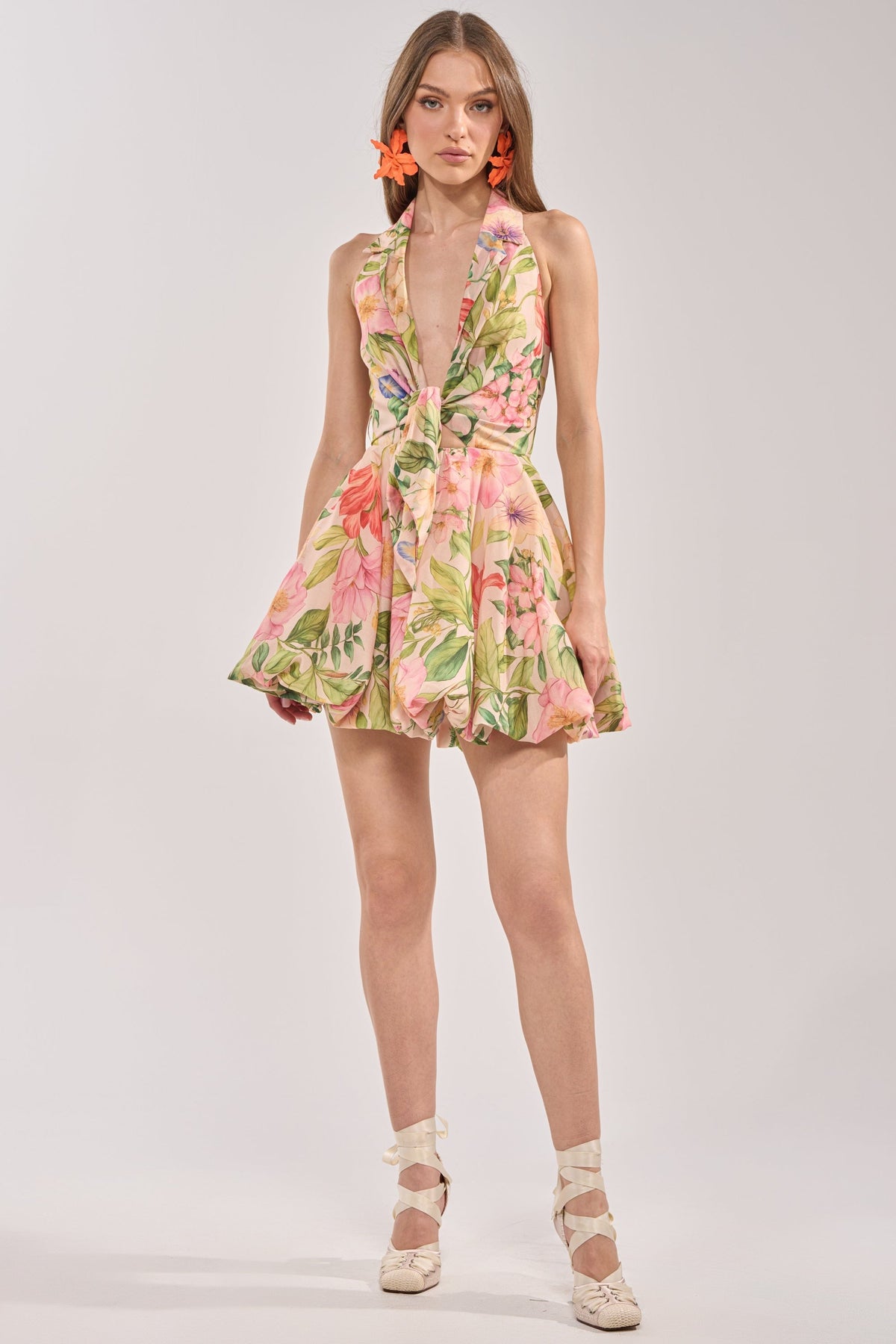 SOFT LAUNCH FLORAL MINI DRESS IN BEIGE