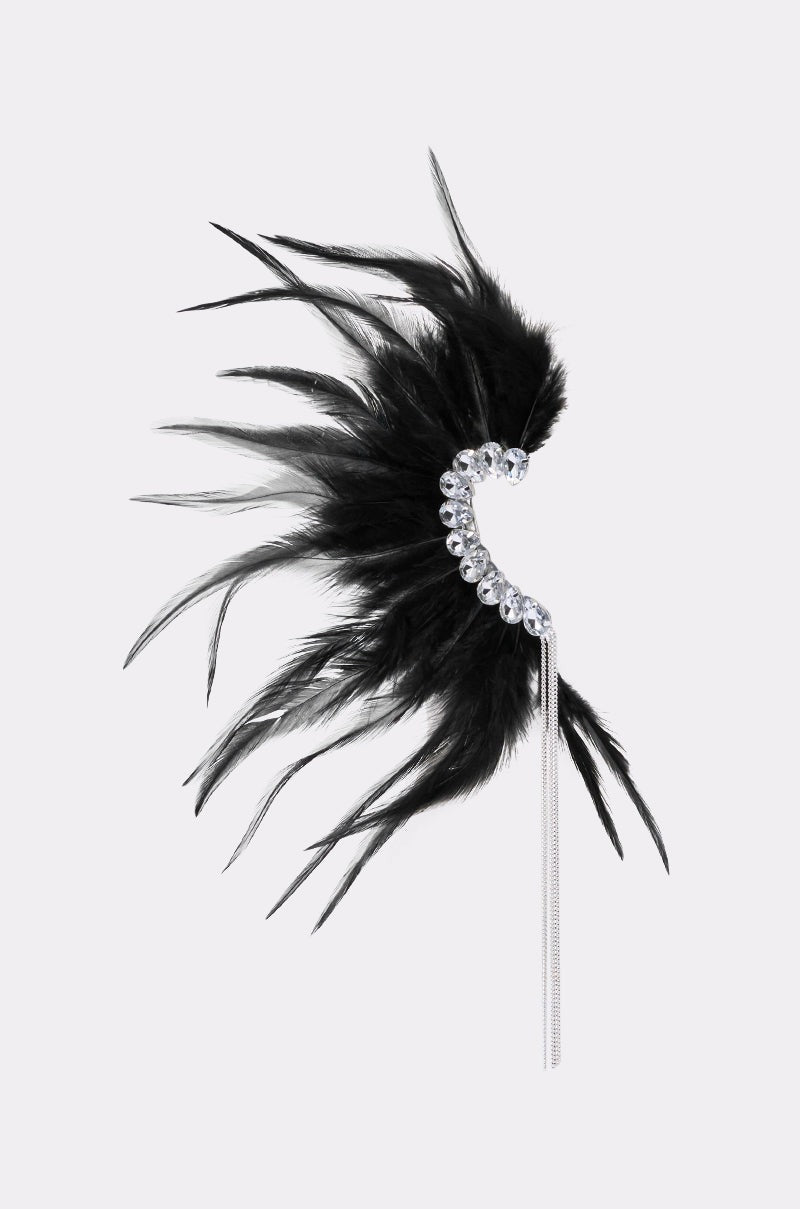 GLAM BIRD BLACK FEATHER EAR CUFF IN BLACK SILVER