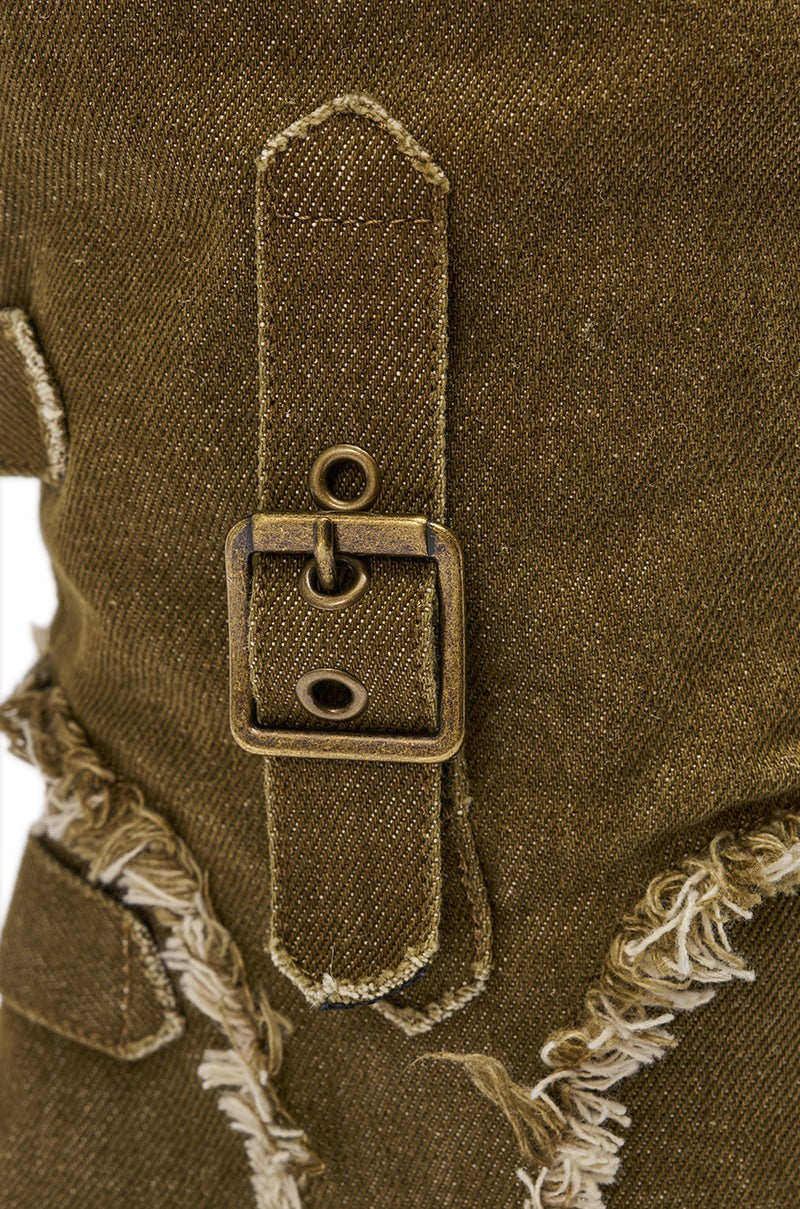 AKIRA GOLD NADAL OLIVE CANVAS OPEN TOE STILETTO BOOTIE