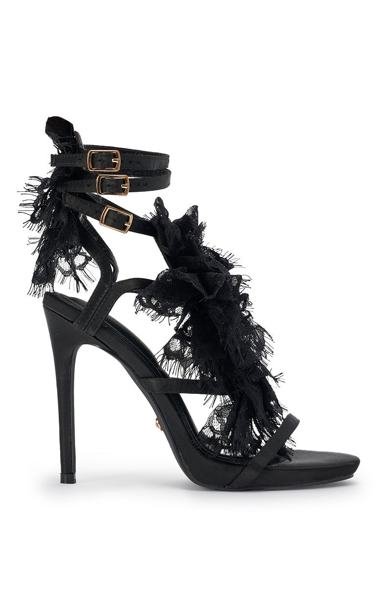 AKIRA GOLD BARRISTER BLACK LACE DETAIL STILETTO SANDAL
