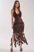 STANDING OVATION FLOCKED MAXI DRESS IN CHOCOLATE