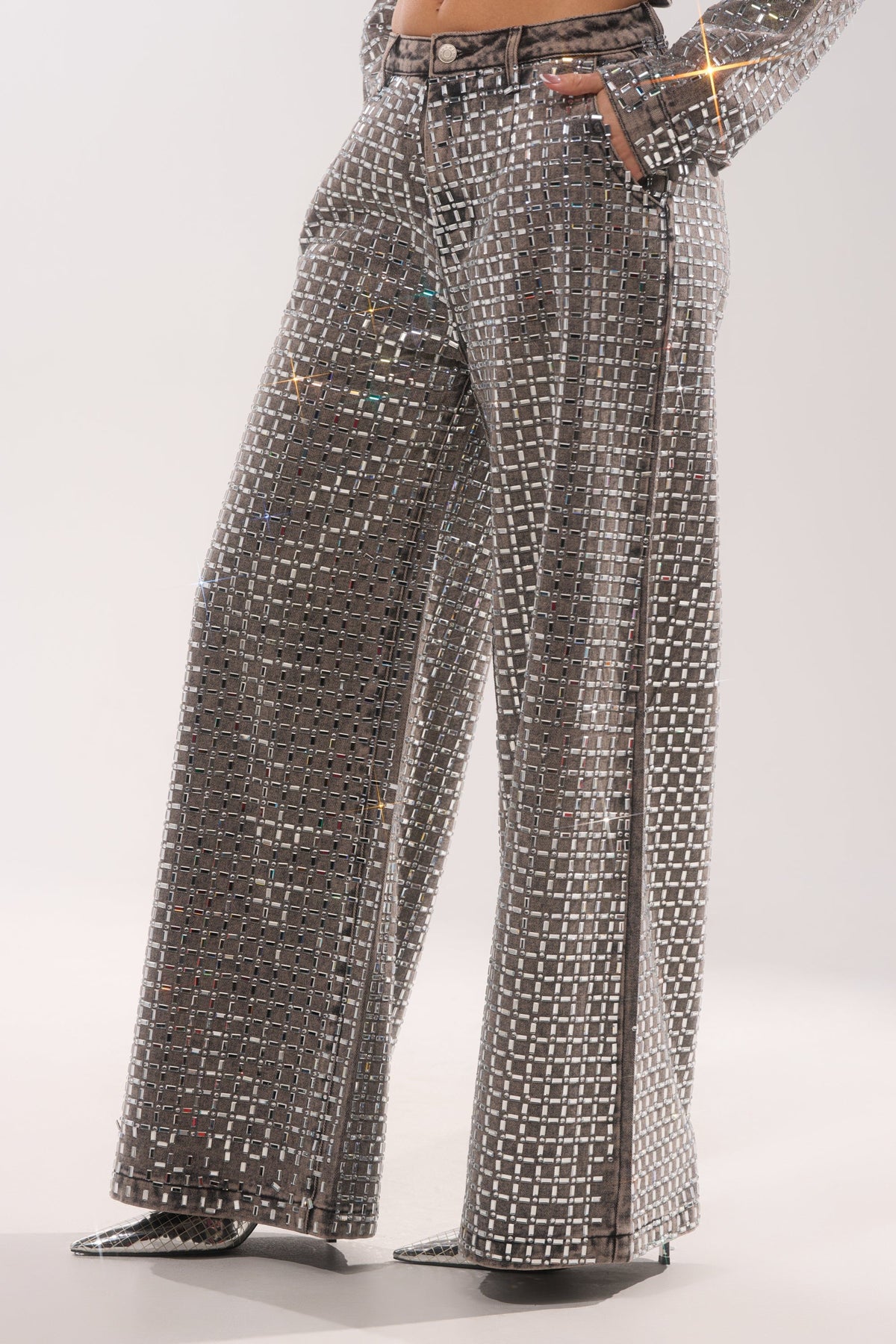 PICK N CHOOSE RHINESTONE WIDE LEG DENIM IN GREY