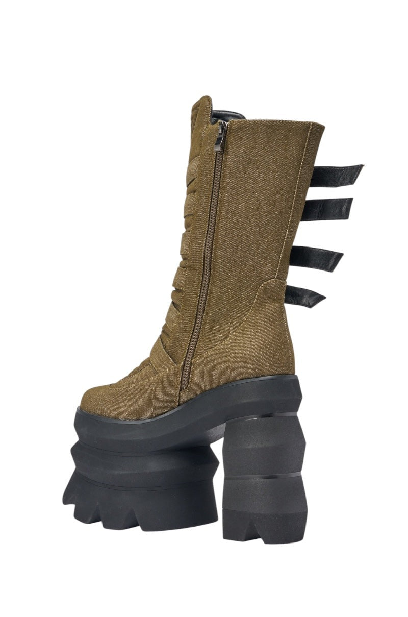 AKIRA GOLD MENACING OLIVE BLOCK PLATFORM BOOTIE