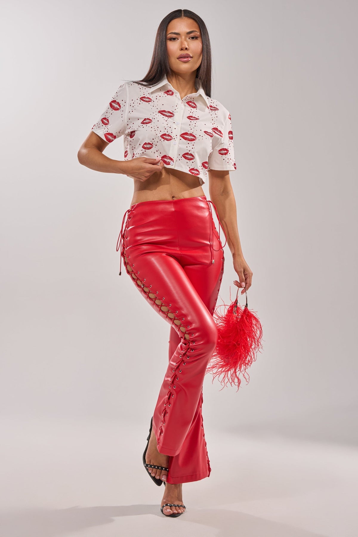 KISS KISS RHINESTONE CROPPED BUTTON DOWN