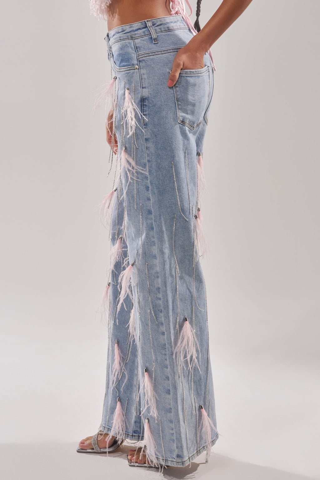 SHAKE IT FOR ME GIRL PINK FEATHER EMBELLISHED DENIM