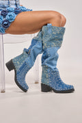 AZALEA WANG LUVIENNE DENIM PATCHWORK STUDDED BLOCK BOOT