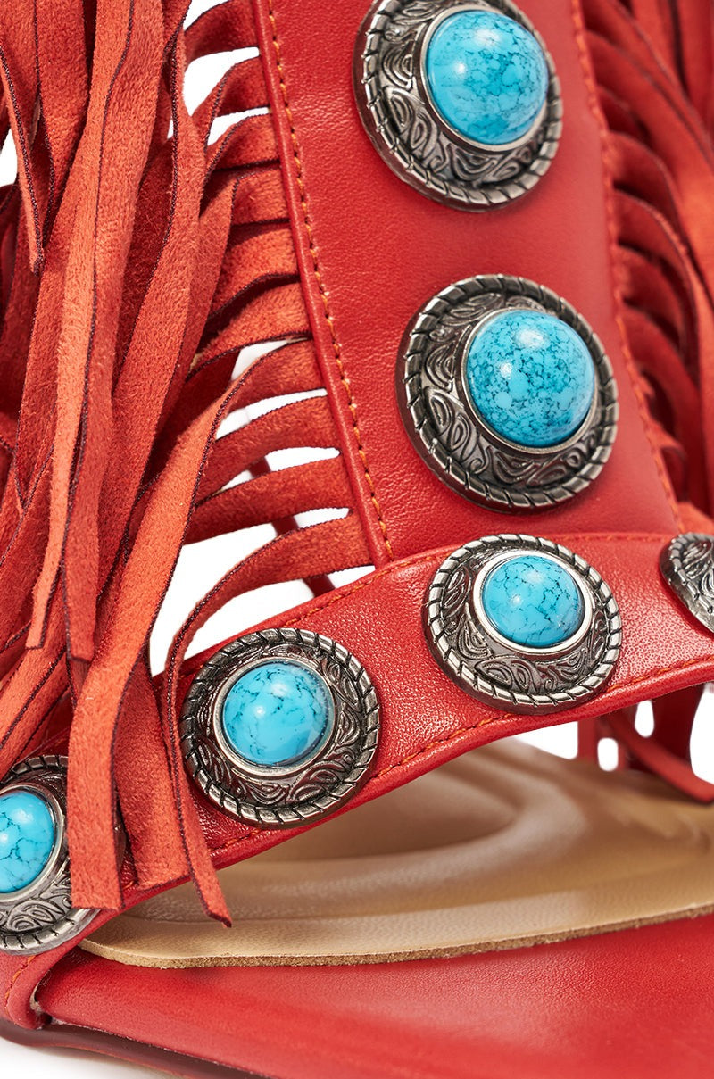 AZALEA WANG SUMAC RED FRINGE WESTERN STILETTO SANDAL