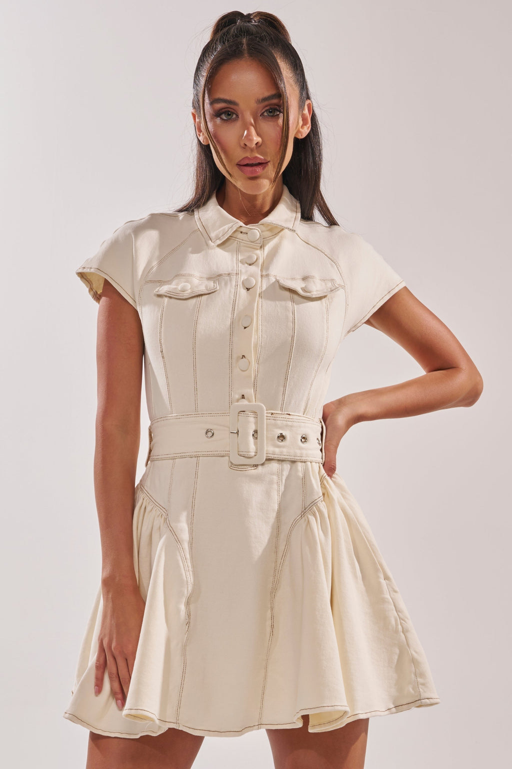 SADIE BUTTON UP DENIM MINI DRESS IN WHITE