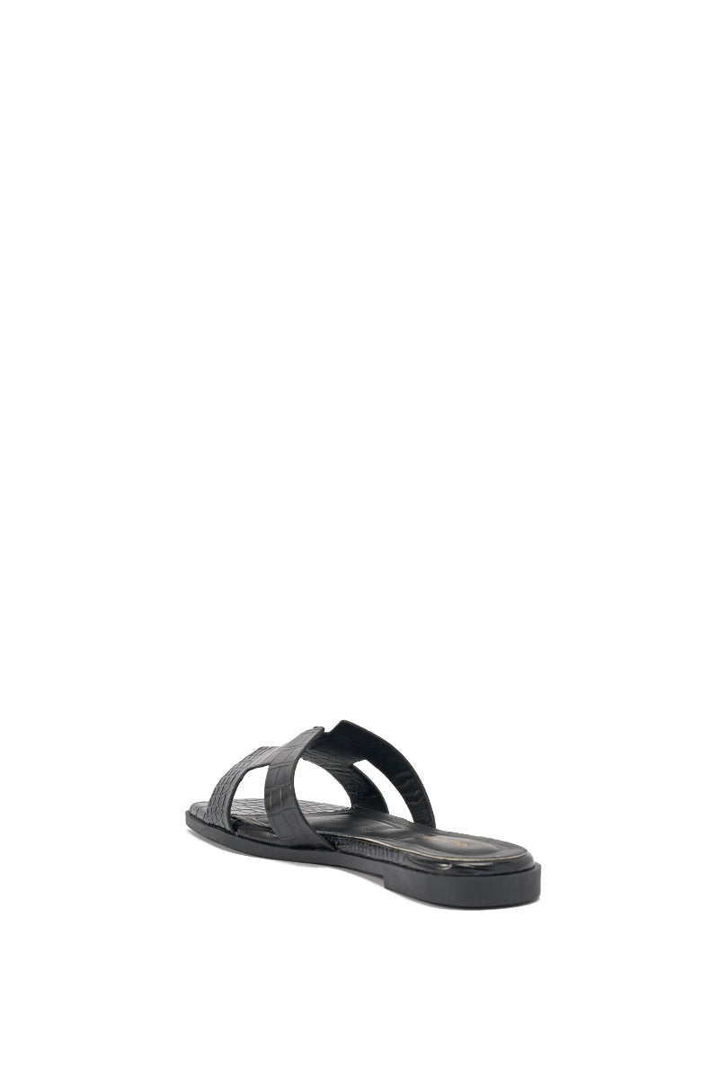 AKIRA HOWDY BLACK CROC SLIP ON FLAT SANDAL
