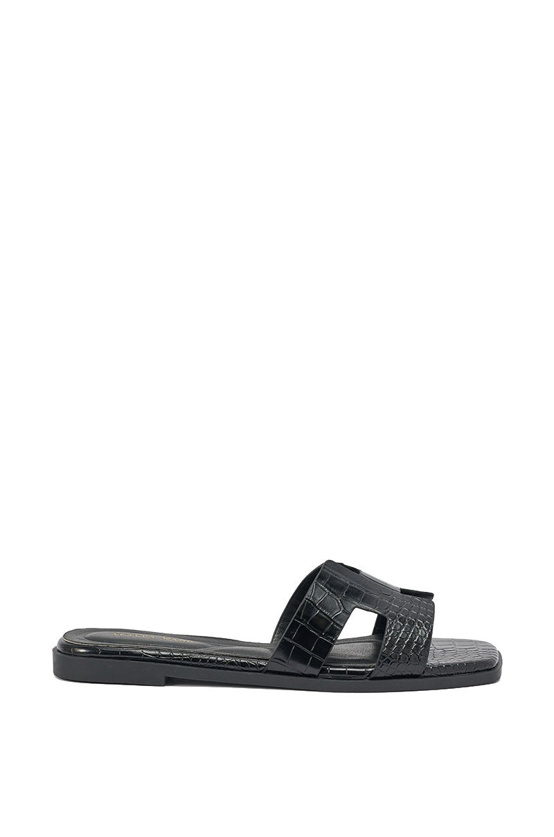 AKIRA HOWDY BLACK CROC SLIP ON FLAT SANDAL
